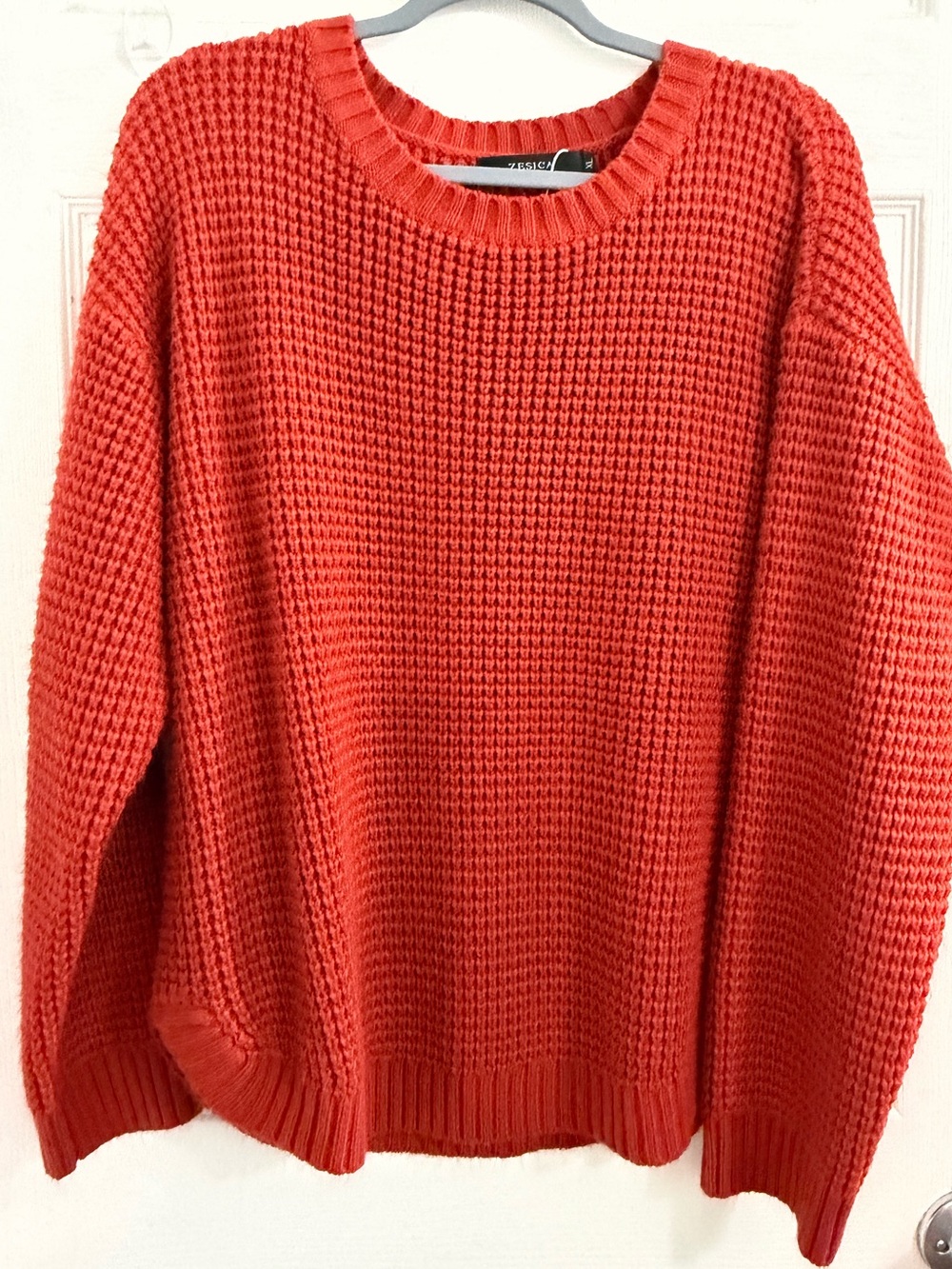 Relaxed Crewneck Waffle Sweater in Coral Red